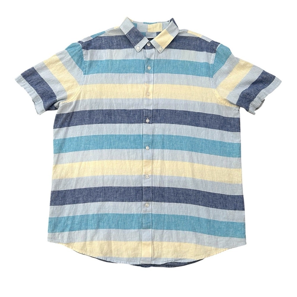 Club Room Men's Shirt‎ Linen Blend Button Down Short Sleeve Cabana Beach Striped